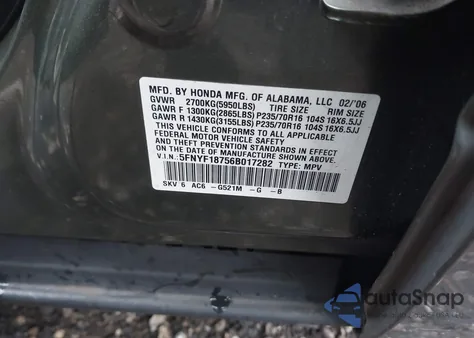 2006 Honda Pilot Ex-L z USA, uszkodzony, nr VIN 5FNYF18756B017282